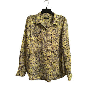 Tahari Button Down Blouse Women Large African Animal Print Cheeta Yellow & Black